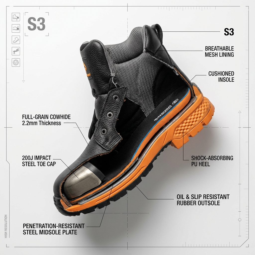 Full-Grain Ethiopian Cowhide S3 Safety Boots with Steel Toe Cap (Carton of 20 Pairs) - Technical Spec